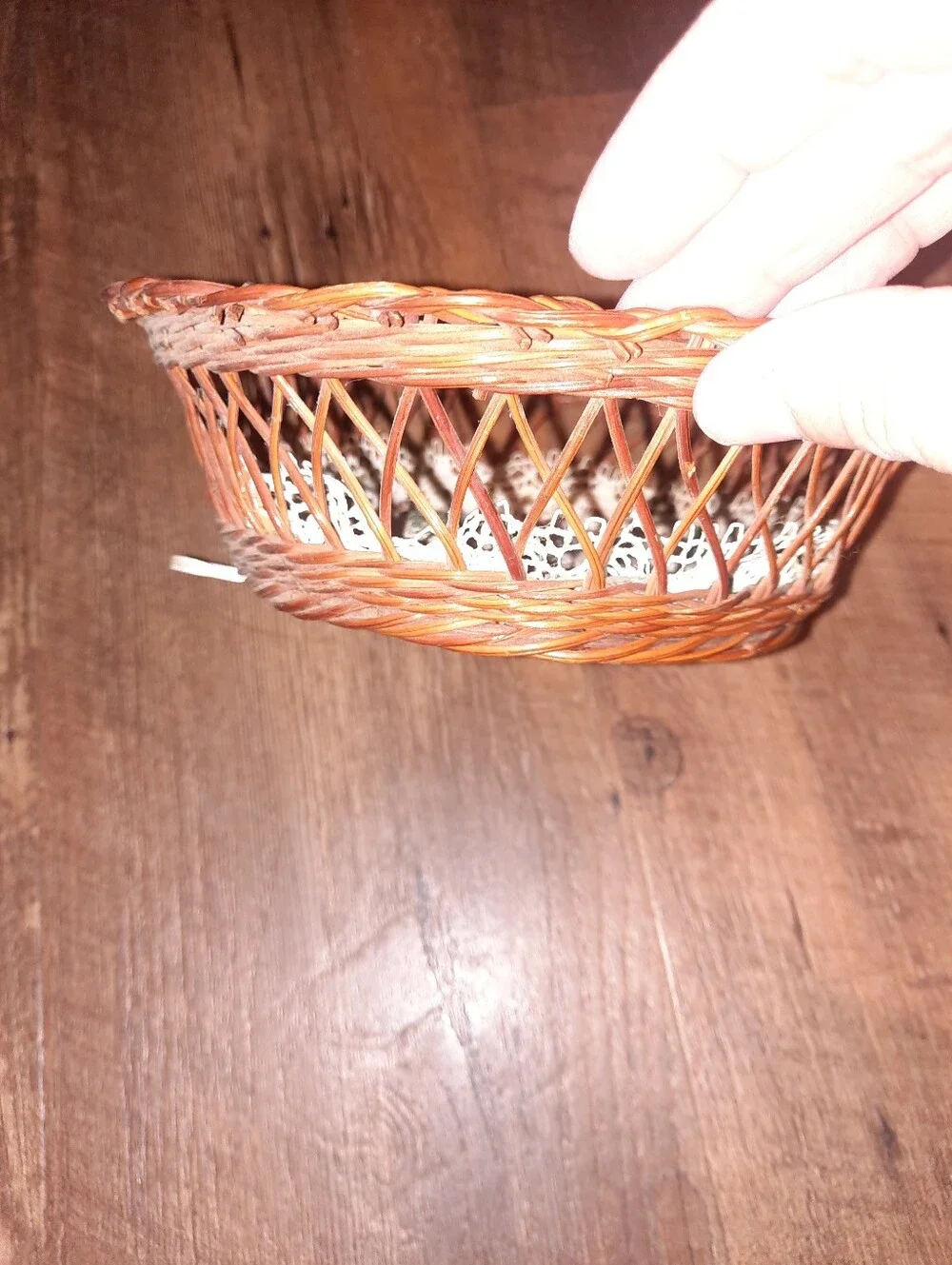 Woven Rattan Wall Basket with Lace Cross-Stitch 
